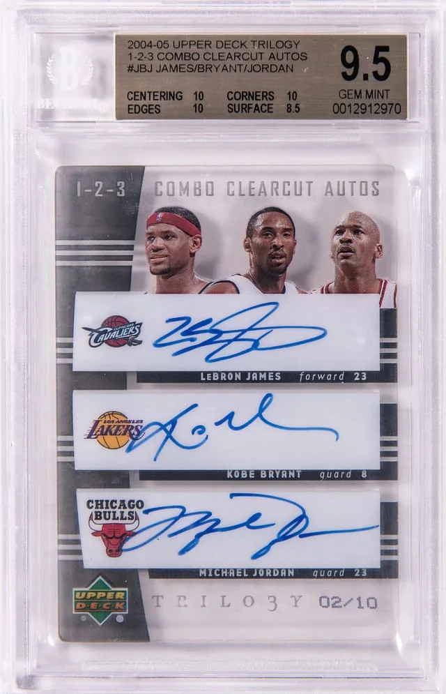 2004-05 Upper Deck Trilogy LeBron James/Kobe Bryant/Michael Jordan Multi-Signed 1-2-3 Combo Clearcut Autographs #123-JBJ card image