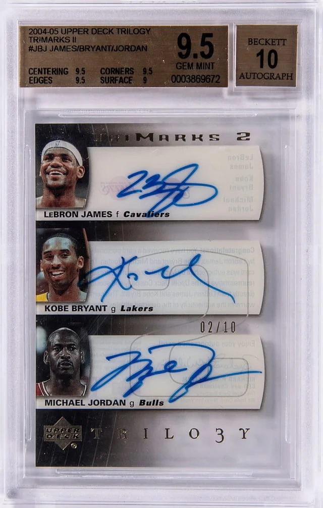 2004-05 Upper Deck Trilogy LeBron James/Kobe Bryant/Michael Jordan Multi-Signed TriMarks II #TM-JBJ card image