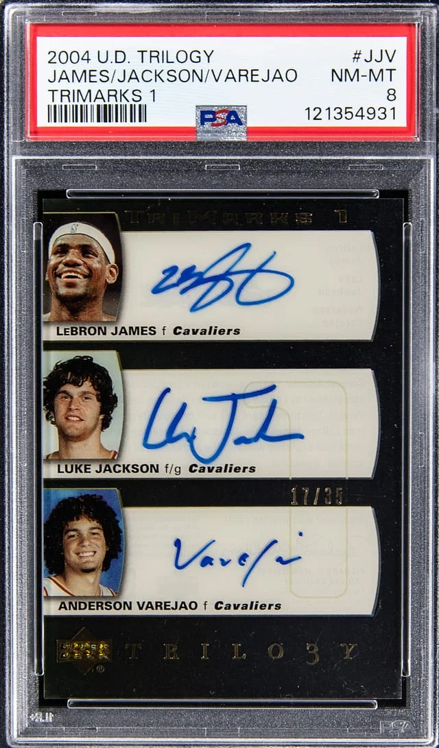 2004-05 Upper Deck Trilogy LeBron James/Luke Jackson/Anderson Varejao Multi-Signed TriMarks 1 #TM-JJV card image