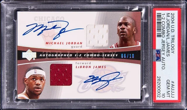 2004-05 Upper Deck Trilogy Michael Jordan/LeBron James 1-2 Combo Jersey Autographs #AUJ-JJ card image