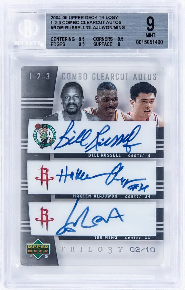 2004-05 Upper Deck Trilogy ROM Bill Russell/Hakeem Olajuwon/Yao Ming Multi-Signed 1-2-3 Combo Clear Cut Autographs #123 card image