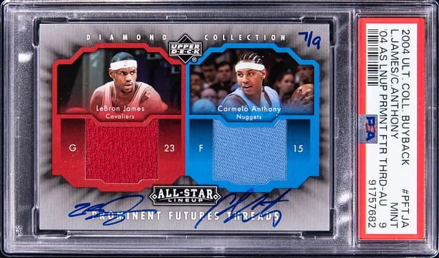 2004-05 Upper Deck Ultimate Collection LeBron James/Carmelo Anthony Buyback '04 All-Star Lineup Prominent Futures Threads Autograph #PFT-JA card image