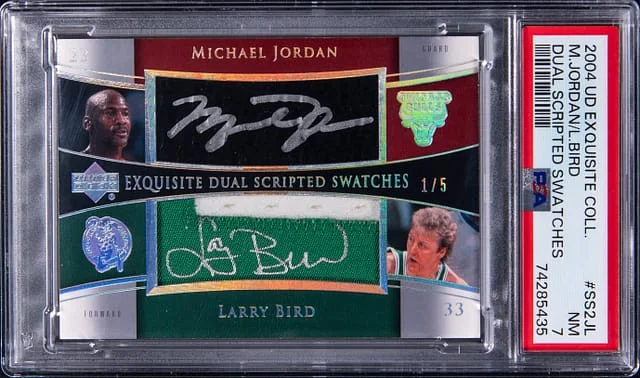 2004-05 Upper Exquisite Collection Dual Scripted Swatches Michael Jordan/Larry Bird #SS2-JL card image