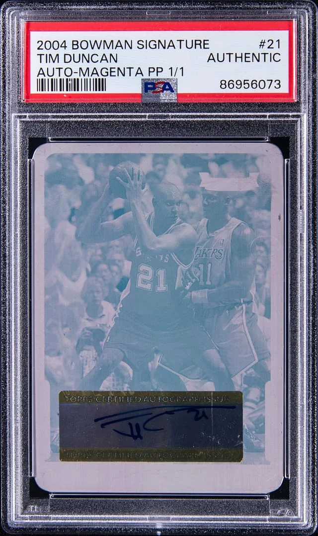 2004 Bowman Tim Duncan Signature Autograph Magenta Printing Plate #21 card image