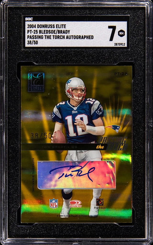 2004 Donruss Elite Drew Bledsoe/Tom Brady Passing The Torch Autograph #PT-25 card image
