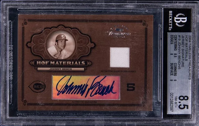 2004 Donruss Johnny Bench Timeless Treasures HOF Materials Jersey Signature #19 card image