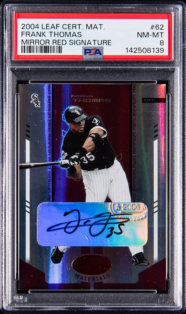 2004 Donruss Leaf Frank Thomas Certified Materials Mirror Red Signature #62 card image