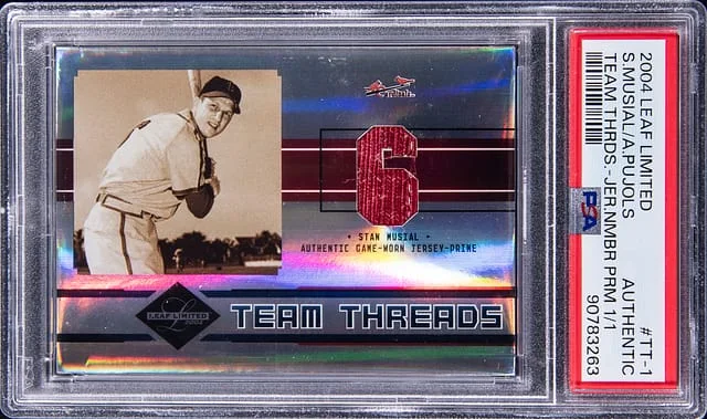 2004 Donruss Leaf Stan Musial/Albert Pujols Limited Team Threads Jersey Number Prime #TT-1 card image