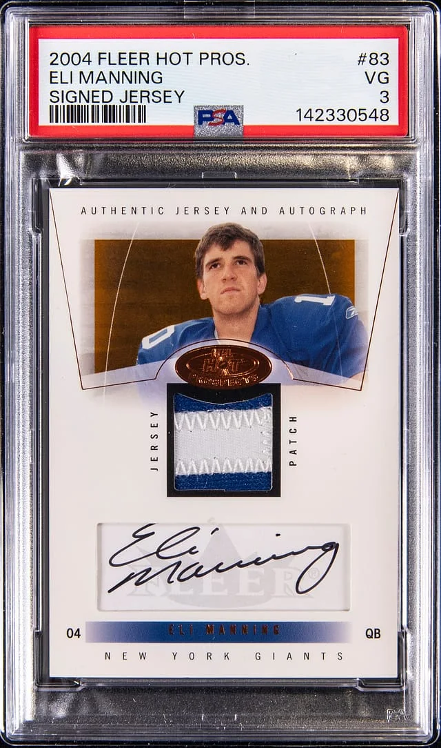2004 Fleer Eli Manning NFL Hot Prospects Signed Jersey #83 card image