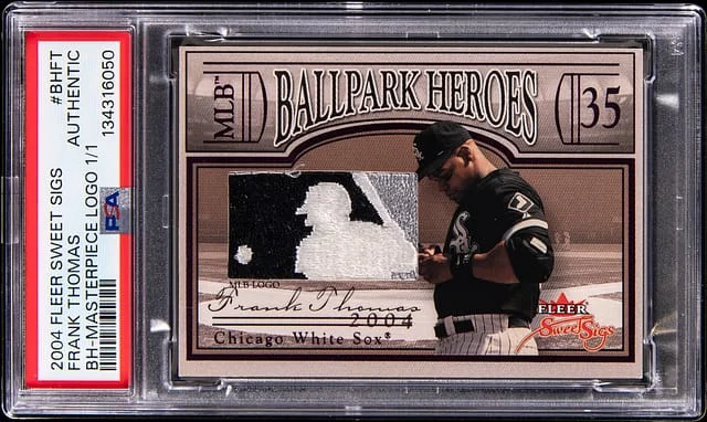 2004 Fleer Frank Thomas Game-Worn MLB Logoman Sweet Signatures Ballpark Heroes Masterpiece Logo #BH-FT card image