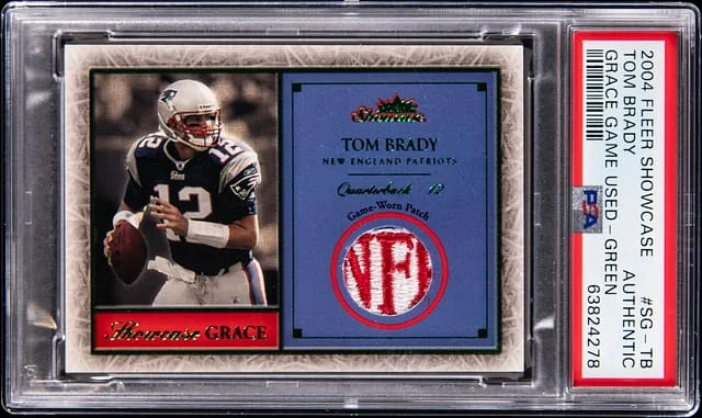 2004 Fleer Showcase Tom Brady NFL Shield Grace Game Used Green #SG-TB card image