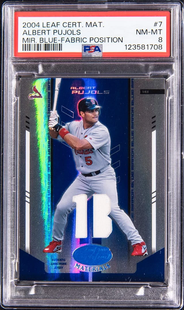 2004 Leaf Certified Albert Pujols Material Mirror Blue Fabric Postion #7 card image