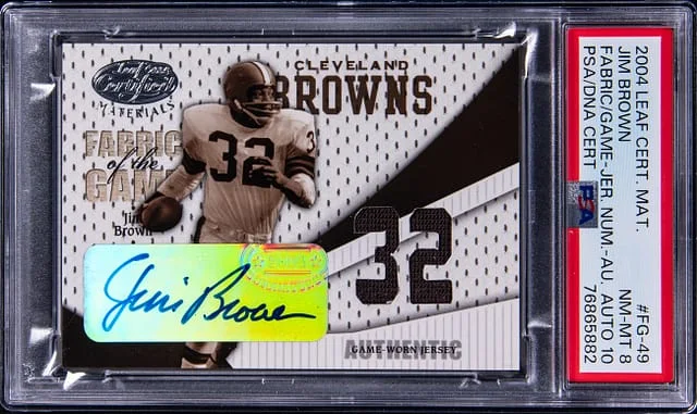 2004 Leaf Certified Materials Jim Brown Fabric Of The Game Jersey Number Autograph #FG-49 card image