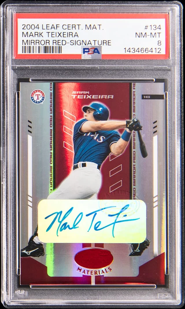 2004 Leaf Certified Materials Mark Teixeira Mirror Red Signature #134 card image