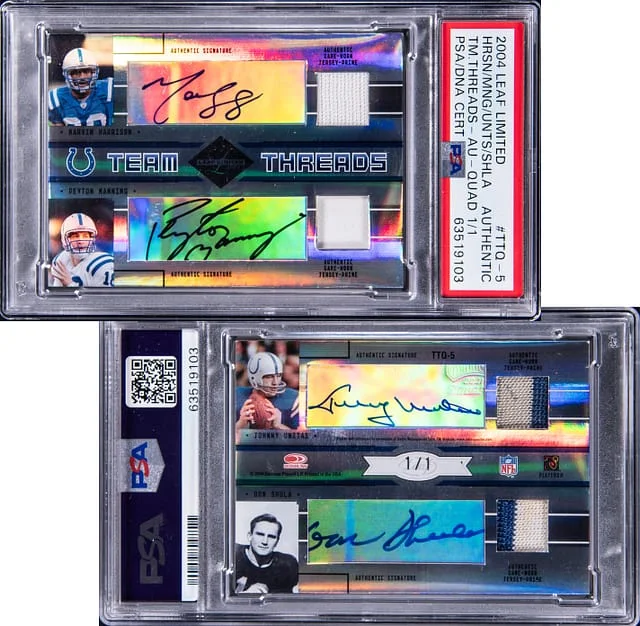 2004 Leaf Limited Harrison/Manning/Unitas/Shula Multi-Signed Team Threads Autograph Quad #TTQ-5 card image