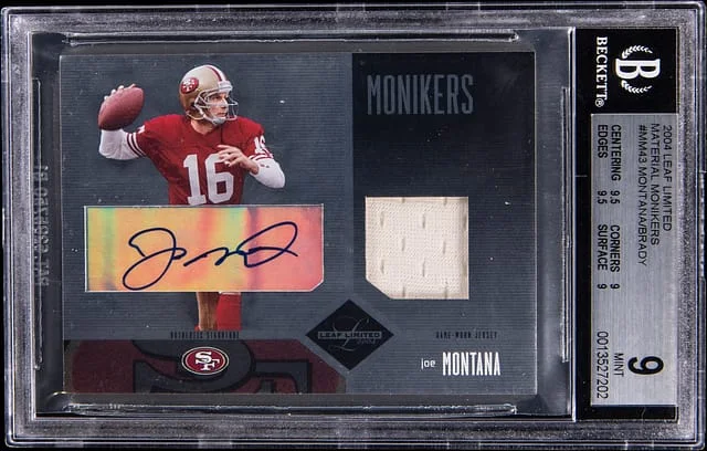 2004 Leaf Limited Joe Montana/Tom Brady Material Monikers #MM-43 card image