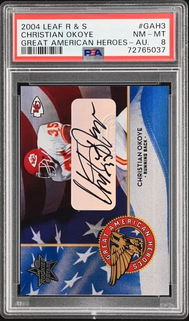 2004 Leaf Rookies & Stars Christian Okoye Great American Heroes Autographs #GAH3 card image