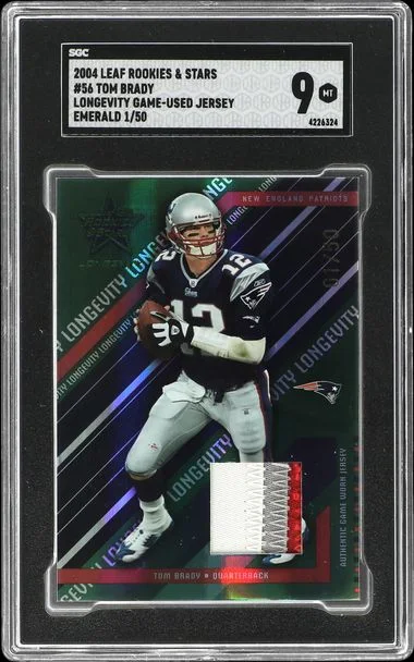 2004 Leaf Rookies & Stars Tom Brady Longevity Game-Used Jersey Emerald #56 card image