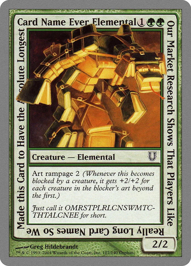 2004 Unhinged Our Market Research Shows That Players Like Really Long Card Names So We Made this Card to Have the Absolute Longest Card Name Ever Elemental #107 common card image