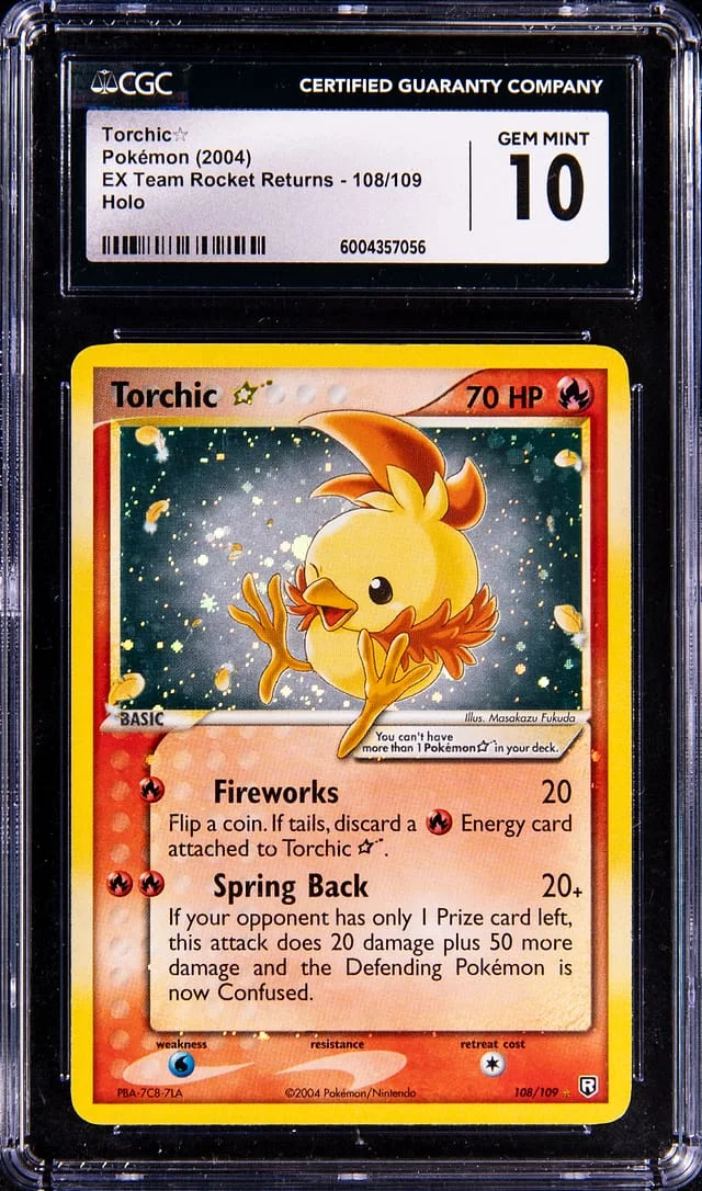 2004 Pokemon EX Team Rocket Returns Holo Gold Star Torchic #108 card image