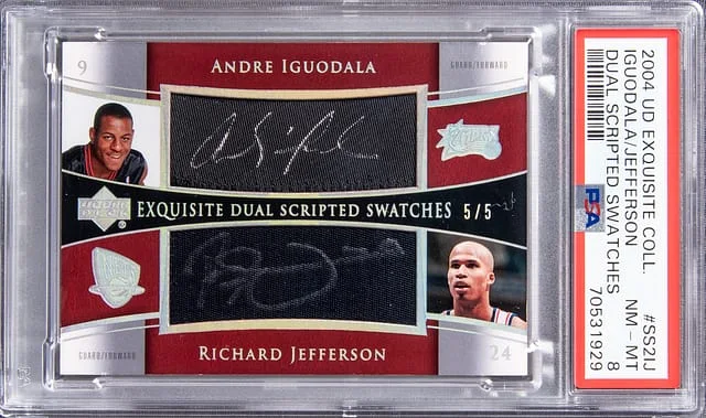 2004 UD Exquisite Collection Dual Scripted Swatches Andre Iguodala, Richard Jefferson Dual #SS2IJ card image