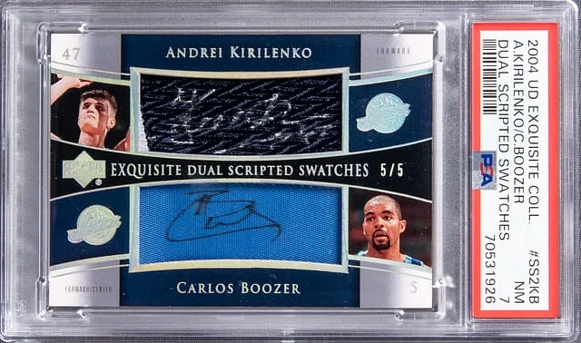 2004 UD Exquisite Collection Dual Scripted Swatches Andrei Kirilenko, Carlos Boozer Dual #SS2KB card image