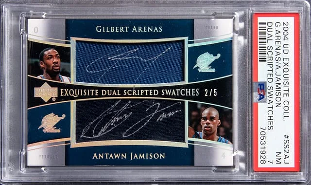 2004 UD Exquisite Collection Dual Scripted Swatches Gilbert Arenas, Antawn Jamison Dual #SS2AJ card image