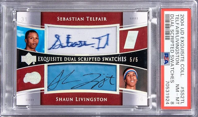 2004 UD Exquisite Collection Dual Scripted Swatches Sebastian Telfair, Shaun Livingston Dual #SS2TL card image
