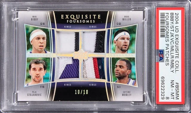 2004 Upper Deck Exquisite Collection Mike Bibby, Peja Stojakovic, Cuttino Mobley, Brad Miller Foursomes Patches #BSMM card image