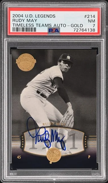 2004 Upper Deck Legends Rudy May Timeless Teams Autograph Gold #214 card image