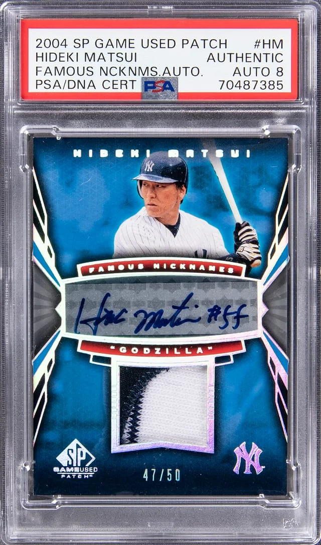 2004 Upper Deck SP Game Used Hideki Matsui Patch Famous Nicknames Autographs #AFN-HM card image