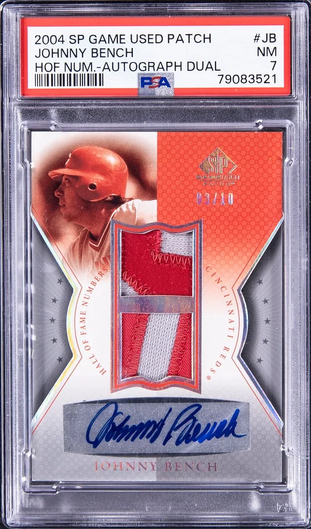 2004 Upper Deck SP Game Used Johnny Bench Patch HOF Numbers Autograph Dual #AHND-JB card image