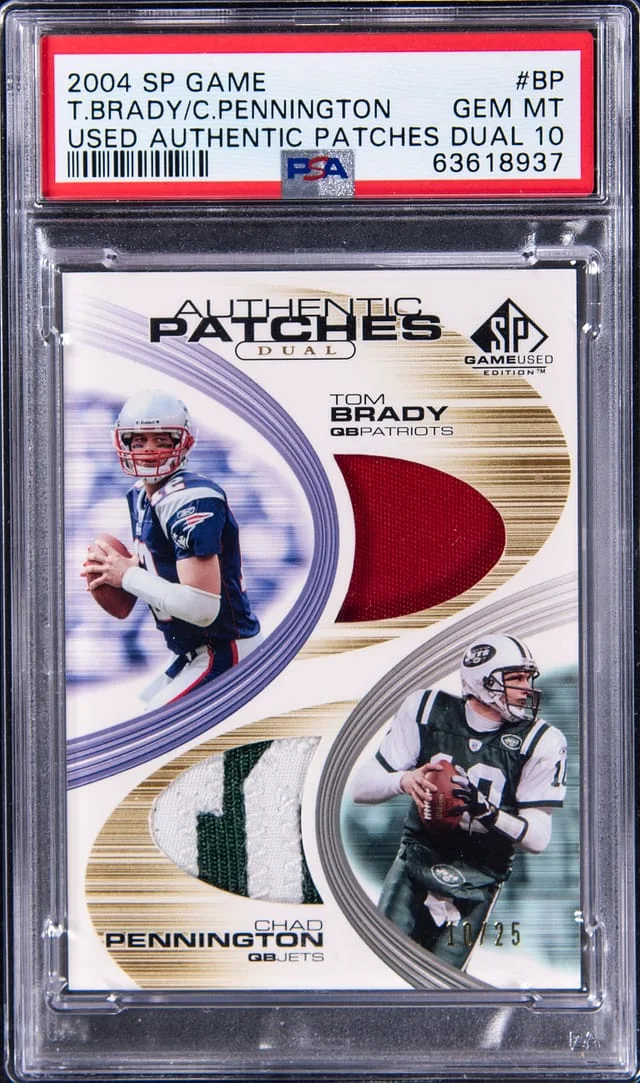 2004 Upper Deck SP Game Used Tom Brady/Chad Pennington Authentic Patches Dual #BP card image
