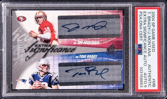 2004 Upper Deck SP Game Used Tom Brady/Joe Montana Extra Significance Autograph #XSIG-MB card image