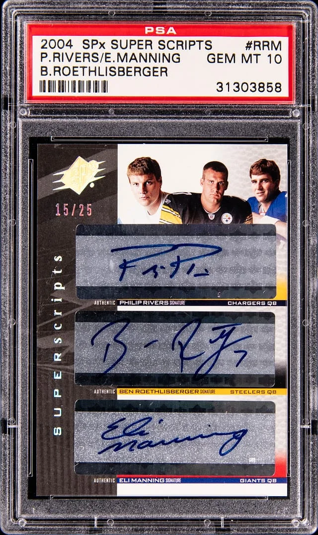 2004 Upper Deck SPx Philip Rivers/Eli Manning/Ben Roethlisberger Multi-Signed Super Scripts #SS3-RRM card image