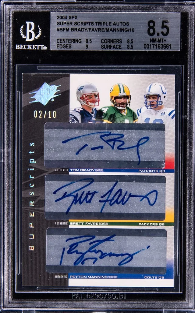 2004 Upper Deck SPx Tom Brady/Brett Favre/Peyton Manning Multi-Signed Super Scripts Triple Autograph #BFM card image