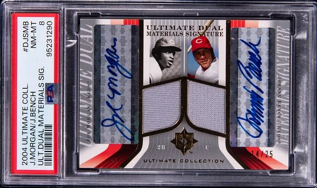 2004 Upper Deck Ultimate Collection Joe Morgan/Johnny Bench Ultimate Dual Material Signatures #DJS-MB card image