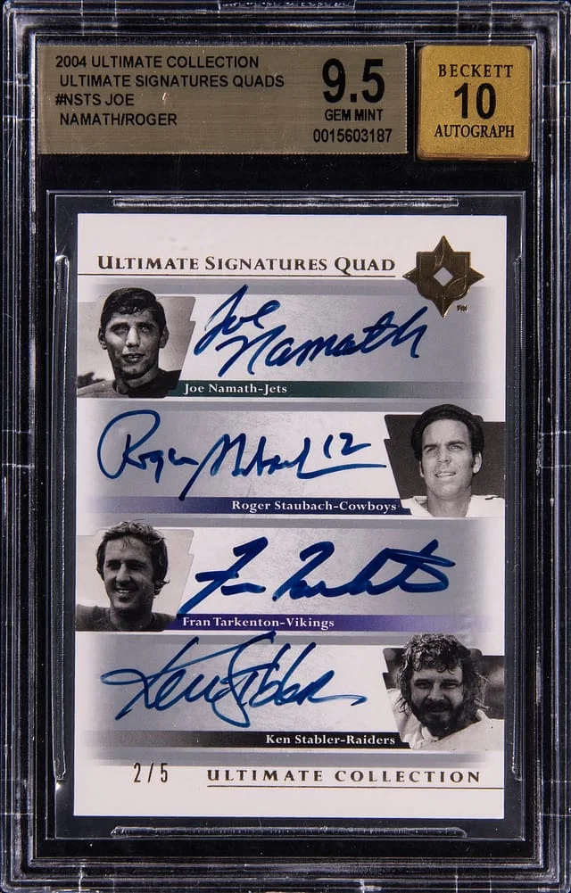2004 Upper Deck Ultimate Collection Joe Namath, Roger Staubach, Fran Tarkenton, Ken Stabler Multi-Signed Ultimate Signatures Quads #US4-NSTS card image