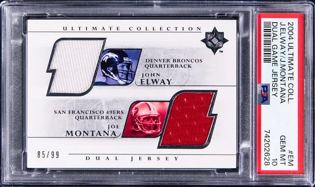 2004 Upper Deck Ultimate Collection John Elway/Joe Montana Dual-Relic Dual Game Jersey #EM card image