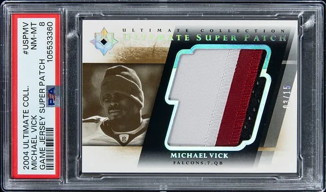 2004 Upper Deck Ultimate Collection Michael Vick Game Jersey Super Patch #USPMV card image