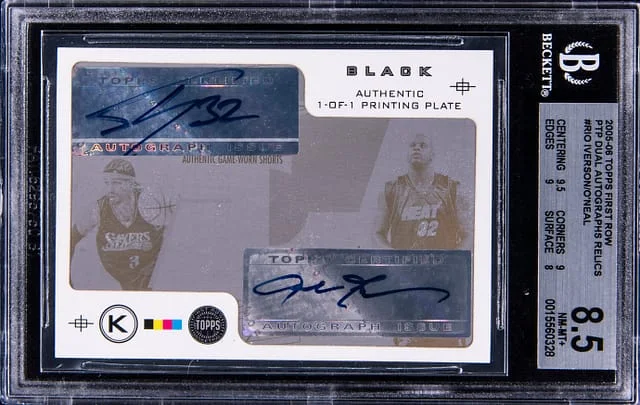 2005-06 Topps Allen Iverson/Shaquille O'Neal First Row Dual Autograph Relic Black Printing Plate #PTPAR-IO card image