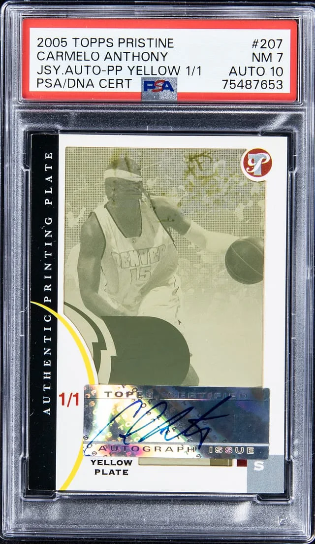 2005-06 Topps Carmelo Anthony Pristine Jersey Autograph Yellow Printing Plate #207 card image