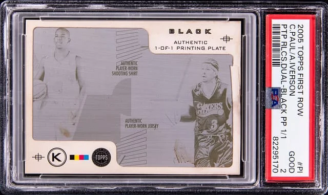 2005-06 Topps Chris Paul/Allen Iverson First Row PTP Relics Dual Black Printing Plate #PTP-PI card image