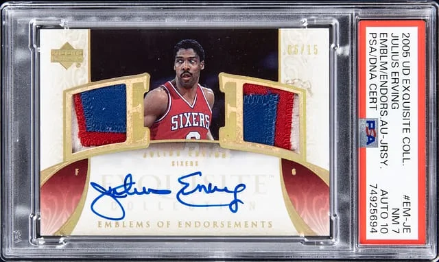 2005-06 UD Exquisite Collection Emblems Of Endorsements Jersey Autographs Julius Erving #EM-JE card image