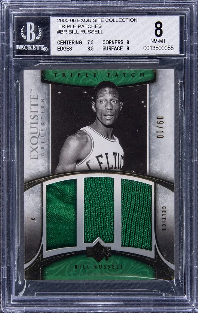 2005-06 UD Exquisite Collection Triple Patch Bill Russell Triple #E3P-BR card image