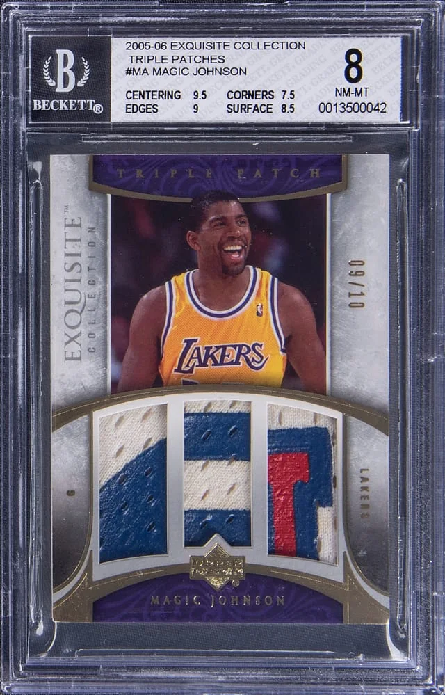 2005-06 UD Exquisite Collection Triple Patch Magic Johnson Triple #E3P-MA card image