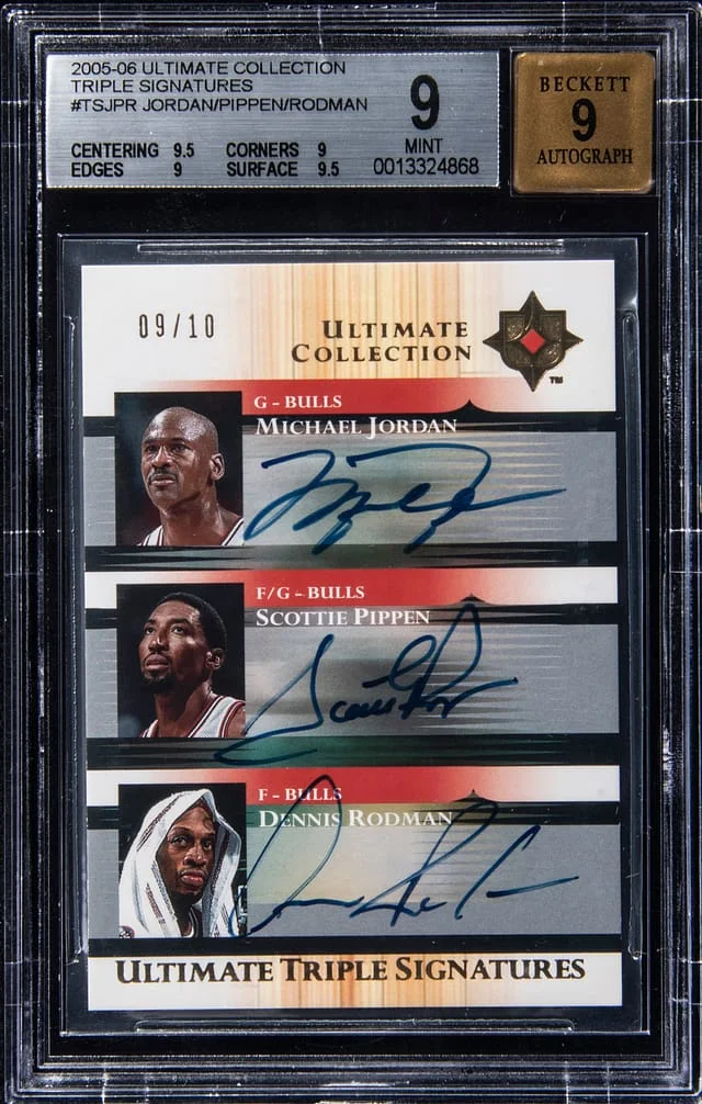 2005-06 UD Ultimate Collection Michael Jordan/Scottie Pippen/Dennis Rodman Multi-Signed Triple Signatures #TS-JPR card image
