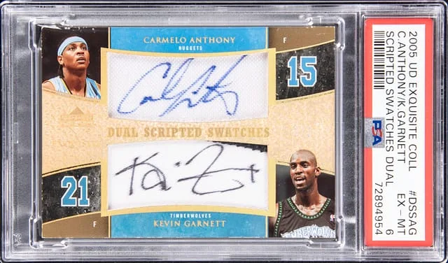 2005-06 Upper Deck Exquisite Collection Carmelo Anthony/Kevin Garnett Multi-Signed Scripted Swatches Dual #DSS-AG card image