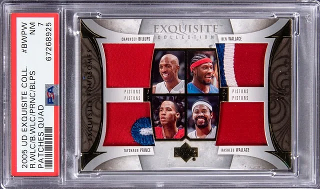 2005-06 Upper Deck Exquisite Collection Chauncey Billups, Ben Wallace, Tayshaun Prince, Rasheed Wallace Quad Patches Quad #EF-BWPW card image
