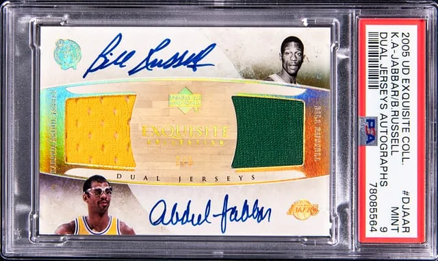 2005-06 Upper Deck Exquisite Collection Kareem Abdul-Jabbar/Bill Russell Dual Jerseys Autographs #DJA-AR card image